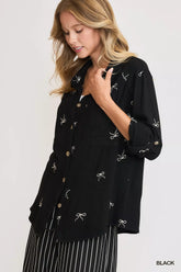 Umgee Linen Blend Fitted Shirt with Ribbon Embroidery Details OutfitFlow